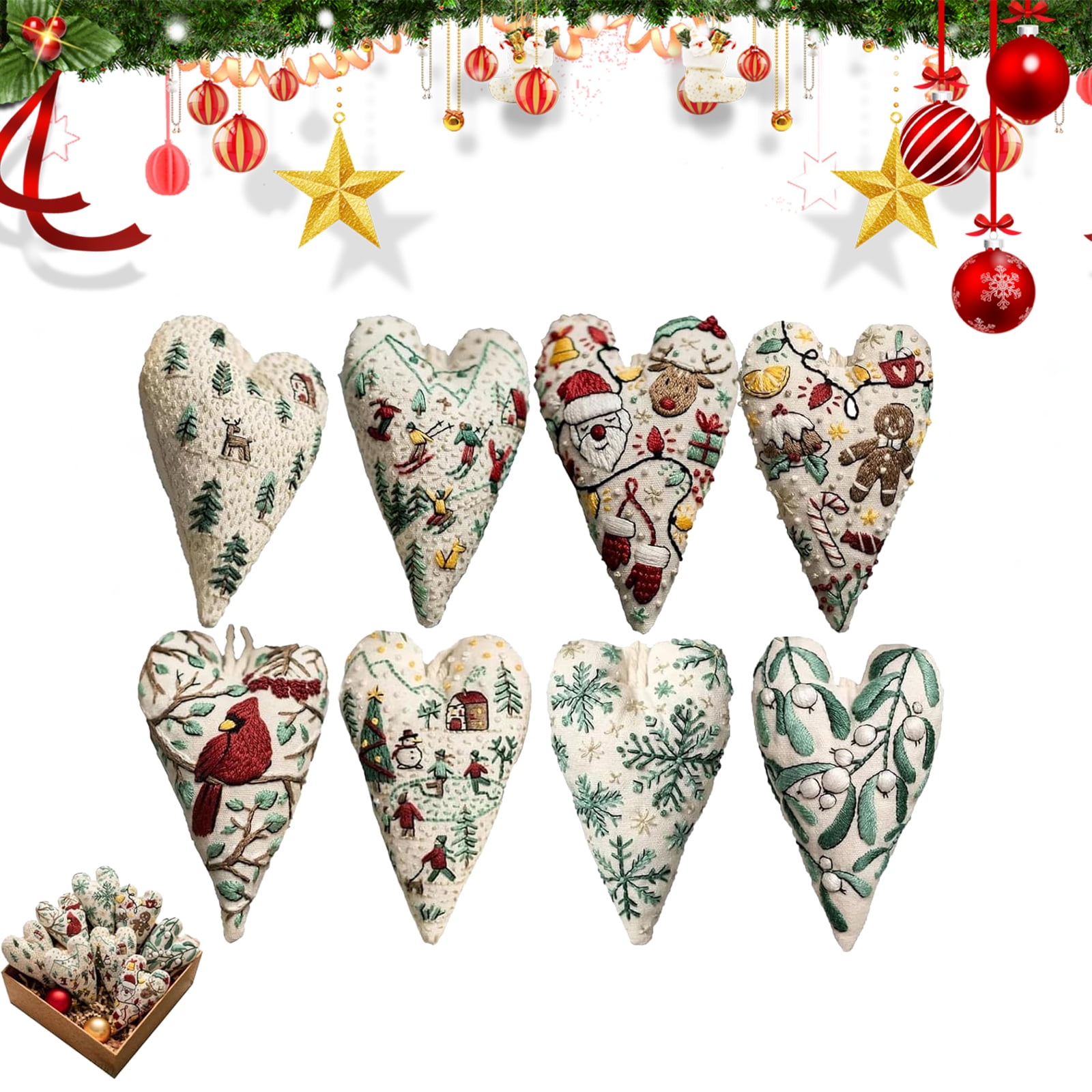 Embroidery Christmas Ornament Kits, Hand Embroidery Tree Hanging Ornament, DIY Heart Embroidery Christmas Decoration Cross Stitch Kit with Needles