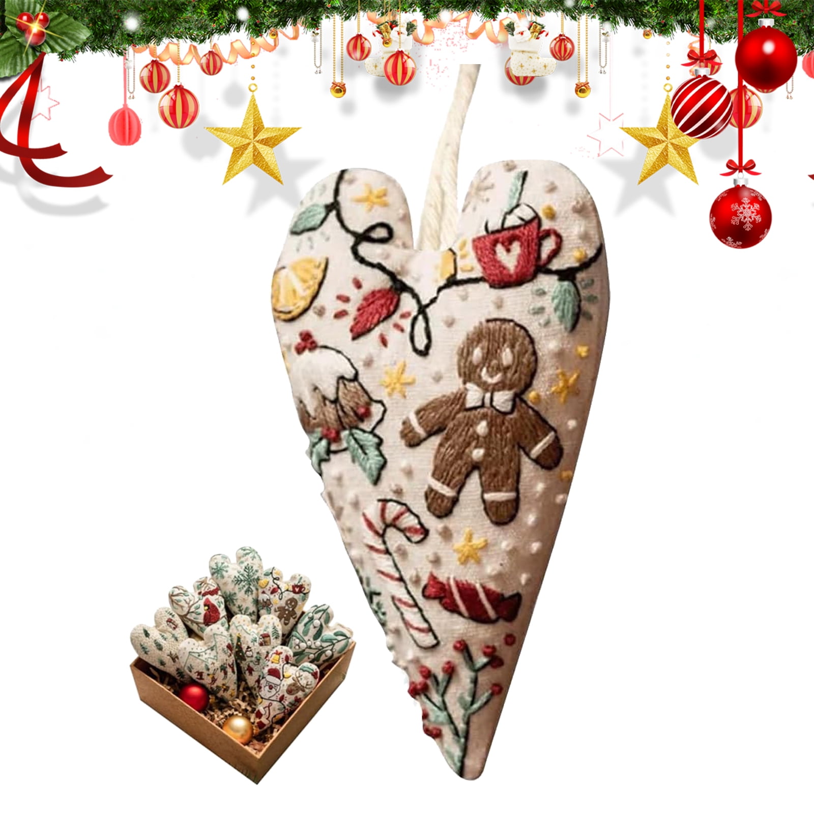 Embroidery Christmas Ornament Kits, Hand Embroidery Tree Hanging Ornament, DIY Heart Embroidery Christmas Decoration Cross Stitch Kit with Needles
