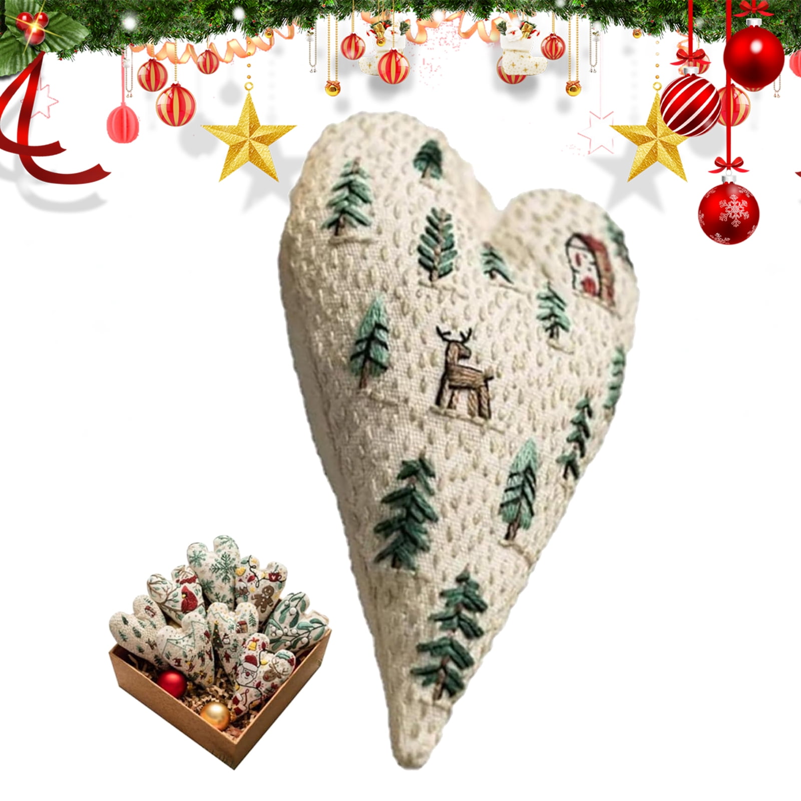 Embroidery Christmas Ornament Kits, Hand Embroidery Tree Hanging Ornament, DIY Heart Embroidery Christmas Decoration Cross Stitch Kit with Needles