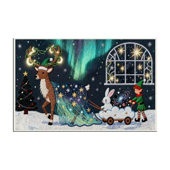 Embroidery Christmas Outdoor Rugs Christmas Decor Doormat, Cozy Holiday Welcome Mats, Outdoor Covered Area Carpet Mats, Aurora & Elf & Santa Design, Farmhouse Entryway Doormat