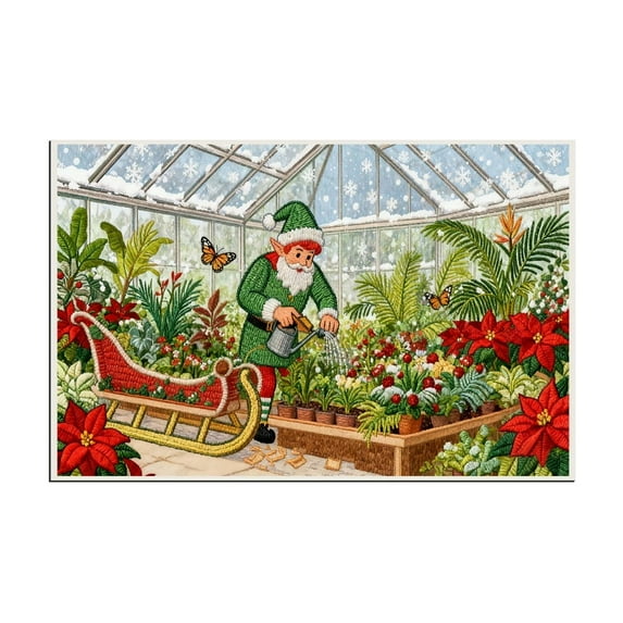 Embroidery Christmas Outdoor Rugs Christmas Decor Doormat, Cozy Holiday Welcome Mats, Outdoor Covered Area Carpet Mats, Green Greenhouse Design with Santa and Sled, Farmhouse Entryway Doormat