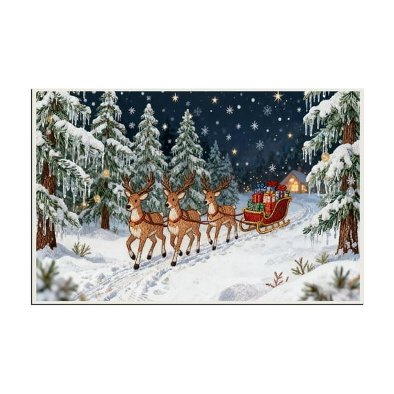 Embroidery Christmas Outdoor Rugs Christmas Decor Doormat, Cozy Holiday Welcome Mats, Outdoor Covered Area Carpet Mats, Snowfield & Elk & Sled Design Farmhouse Entryway Doormat