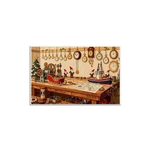 Embroidery Christmas Outdoor Rugs Christmas Decor Doormat, Cozy Holiday Welcome Mats, Outdoor Covered Area Carpet Mats, Wooden Workshop Design with Clocks and Sled, Farmhouse Entryway Doormat