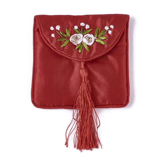 Embroidery Cloth Pouches with Tassels and Stainless Steel Snap Button Square Red 10.5x10cm