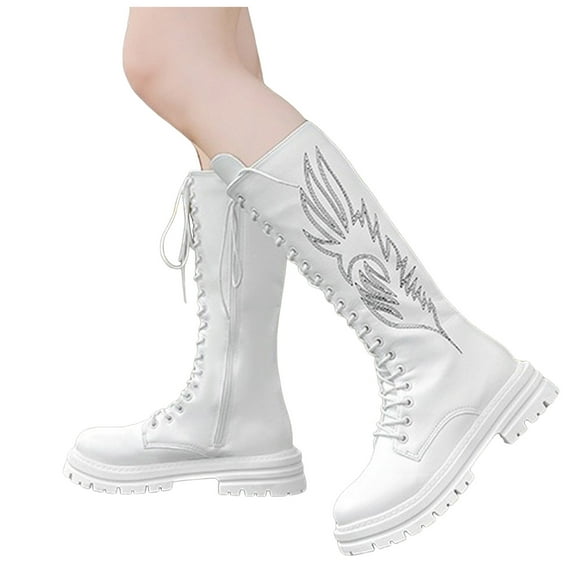 Embroidery Combat Boots for Women Fashion Round Toe Lace up Zipper Long Booties Platform Mid Calf Boots