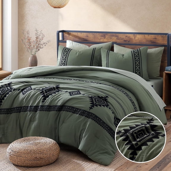 Embroidery Comforter Set King 7 Pieces Dark Olive Green