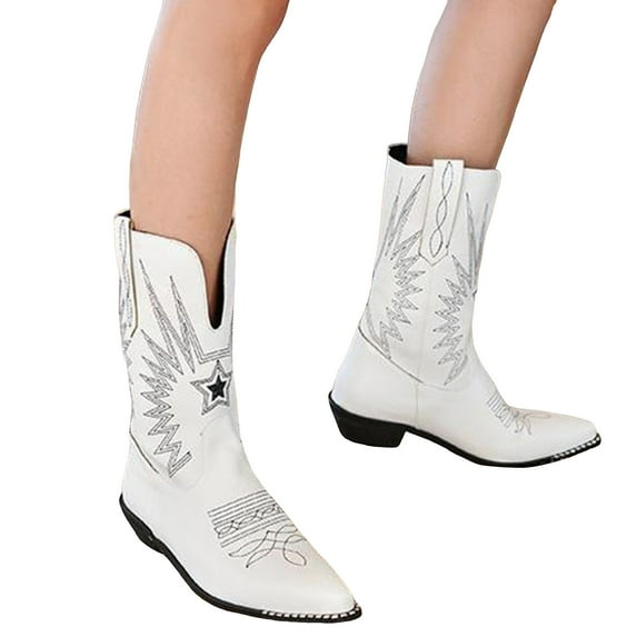 Embroidery Cowboy Boots for Women White Black Leather Mid Calf Chunky Heel Pointed Toe Pull on Long Booties