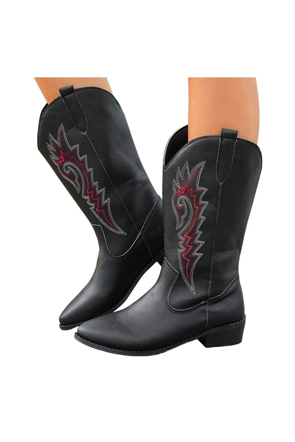 Embroidery Cowboy Boots for Women Wide Calf Splice Pull on Low Heel Winter Fall Mid Calf Booties