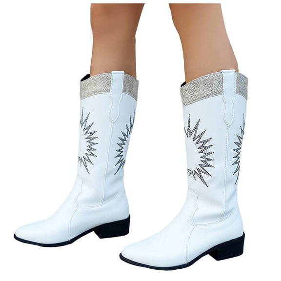 Embroidery Cowboy Boots for Women Wide Calf Splice Pull on Low Heel Winter Fall Mid Calf Booties