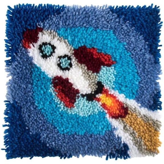 Space Rocket Galaxy Latch Hook Pillow DIY Kit, Astronaut Spaceship Handmade Cushion Cover for Kids Bedroom Decor 43 × 43cm