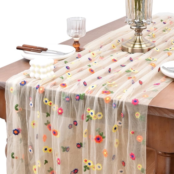 Embroidery Daisy Christmas Table Runner 9ft Florals Seasonal Tulle Table Runner Holiday Kitchen Dining Table Decoration for Home Party Indoor(28" x 108")