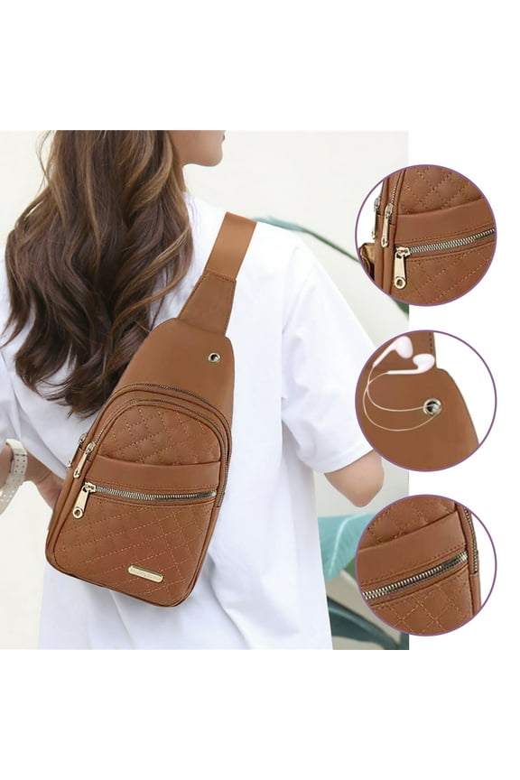 Embroidery Diamond Crossbody Bag – Large Capacity Watertight Polyester Backpack • Adjustable Straps 14-36" • Purple Brown • 30x17x5cm • Multi-Compartment Casual Shoulder Pack for Work