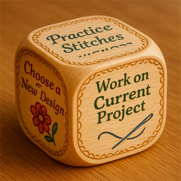Embroidery Dice for Crafters, Wooden Stitching Game with Creative Prompts, Fun Gift for Needlework Artists to Practice Stitches and Organize Threads, 1.5 Inch