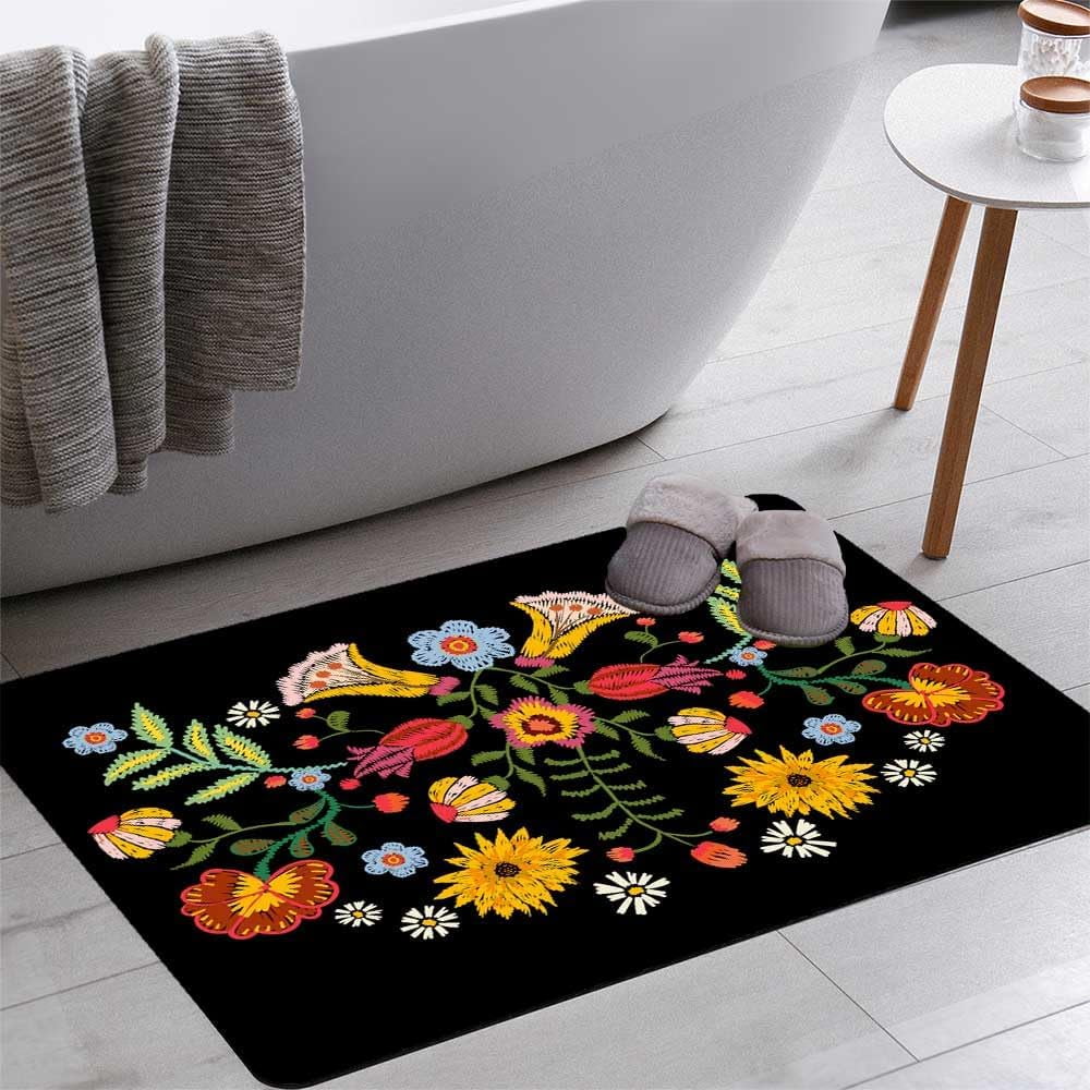 Embroidery Ethnic Pattern Colorful Bath Rugs 16x24 Inch Non Slip Bath Mat Quick Dry Absorbent Thin Bath Rug Fit Under Door Washable Bath Floor Rugs for Bathroom Bathtub Shower Sink,Multi 2