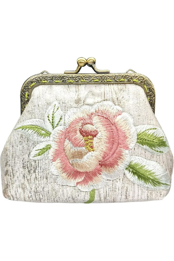 Embroidery Floral Buckle Coin Purse Kiss Lock Wallet