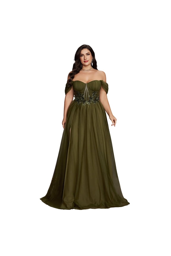 Embroidery Floral Modest Off Shoulder Prom Dress Plus Size Transparent A Line Oliver Green Wedding Guest Dresses Summer