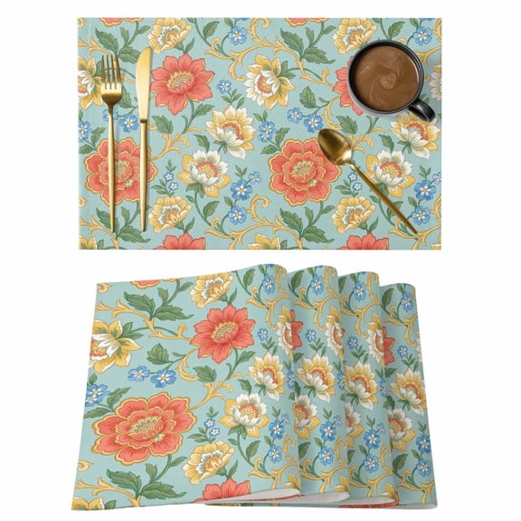 Embroidery Floral Placemats Set of 1, Country Oriental Traditional Flower Red Teal Non-Slip Place Mats Washable Table Mats for Kitchen Dining Table Decorations Indoor/Outdoor