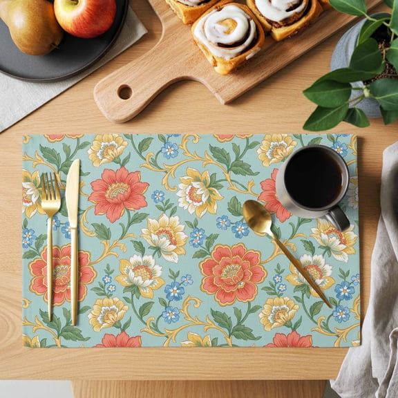 Embroidery Floral Placemats Set of 8, Country Oriental Traditional Flower Red Teal Heat Insulated Linen Place Mats, Washable Stain-Proof Table Mats for Dining Tables Holiday Decor 13x19 Inches