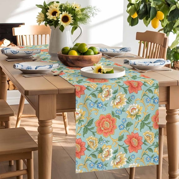 Embroidery Floral Table Runner, Country Oriental Traditional Flower Red Teal Washable Kitchen Table Runners Dress Scarves for Dining Table Decorations Party/Restaurant/Indoor Outdoor Use, 13x60in