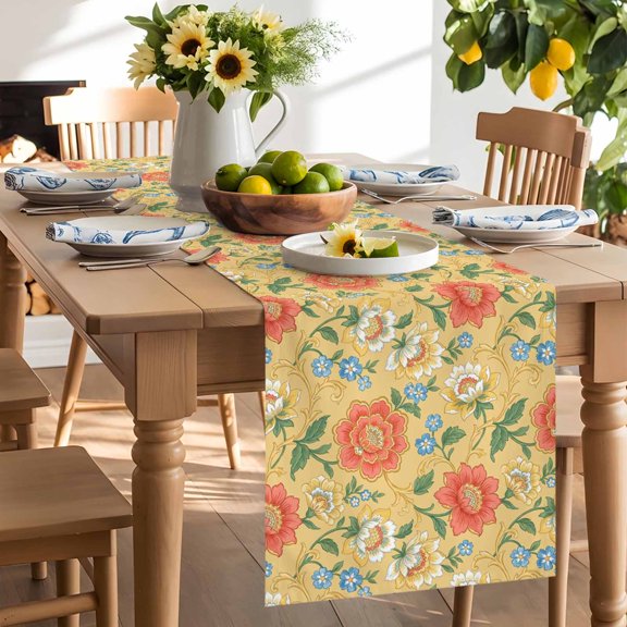 Embroidery Floral Table Runner, Country Oriental Traditional Flower Red Yellow Washable Kitchen Table Runners Dress Scarves for Dining Table Decorations Party/Restaurant/Indoor Outdoor Use, 13x108in