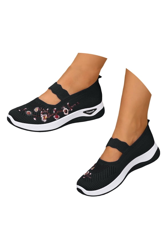 Embroidery Floral Walking Shoes for Women Comfortable Non Slip Tennis Shoe Lightweight Memory Foam Running Sneakers Outdoor Size 8.5 Black