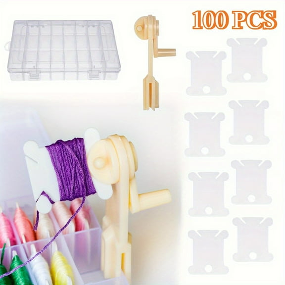 Embroidery Floss Organizer Box with 100 Plastic Bobbins & Winder, 24 Compartment Cross Stitch Thread Storage for DIY Craft Sewing Supplies
