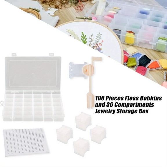 Embroidery Floss Organizer, Cross Stitch Thread Storage Box Bobbin Winder, 1 Removable 36 Compartments with 100 Hard Plastic Floss Bobbins for Craft Cross Stitch Thread Sewing Bead Diamonds Storage