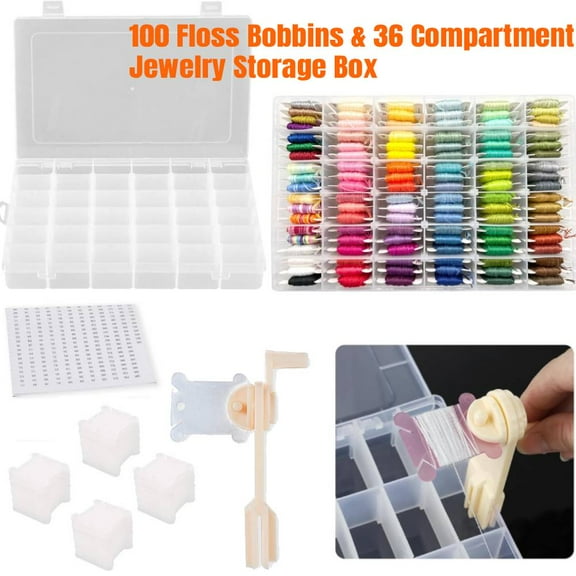 Embroidery Floss Organizer, Cross Stitch Thread Storage Box Tools, 100 Floss Bobbins & 36 Compartment Jewelry Storage Box, 1 Floss Winder & Color Chip