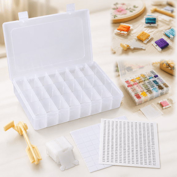 Embroidery Floss Organizer, Cross Stitch Thread Storage Box Tools - Bobbin Winder, 1 Removable 24 Compartments with 40 Hard Plastic Floss Bobbins and Stickers for Craft DIY Embroidery Sewing Storage