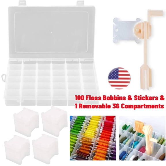 Embroidery Floss Organizer, Cross Stitch Thread Storage Box Tools - Bobbin Winder, 1 Removable 36 Compartments with 100 Floss Bobbins and Stickers for Craft DIY Embroidery Sewing Storage