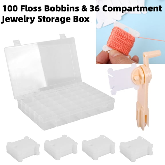Embroidery Floss Organizer, Cross Stitch Thread Storage Box Tools for Craft DIY Embroidery Sewing Storage - Bobbin Winder, 1 Removable 36 Compartments with 100 Floss Bobbins and Stickers