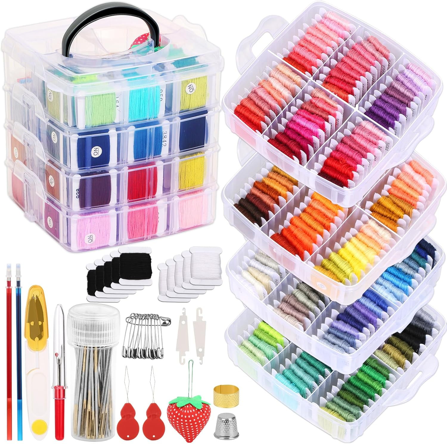 Embroidery Floss Thread Kit Including Colors Cross Stitch Sewing Thread with Embroidery Accessories and Transparent Embroidery Thread Storage Organizer Box