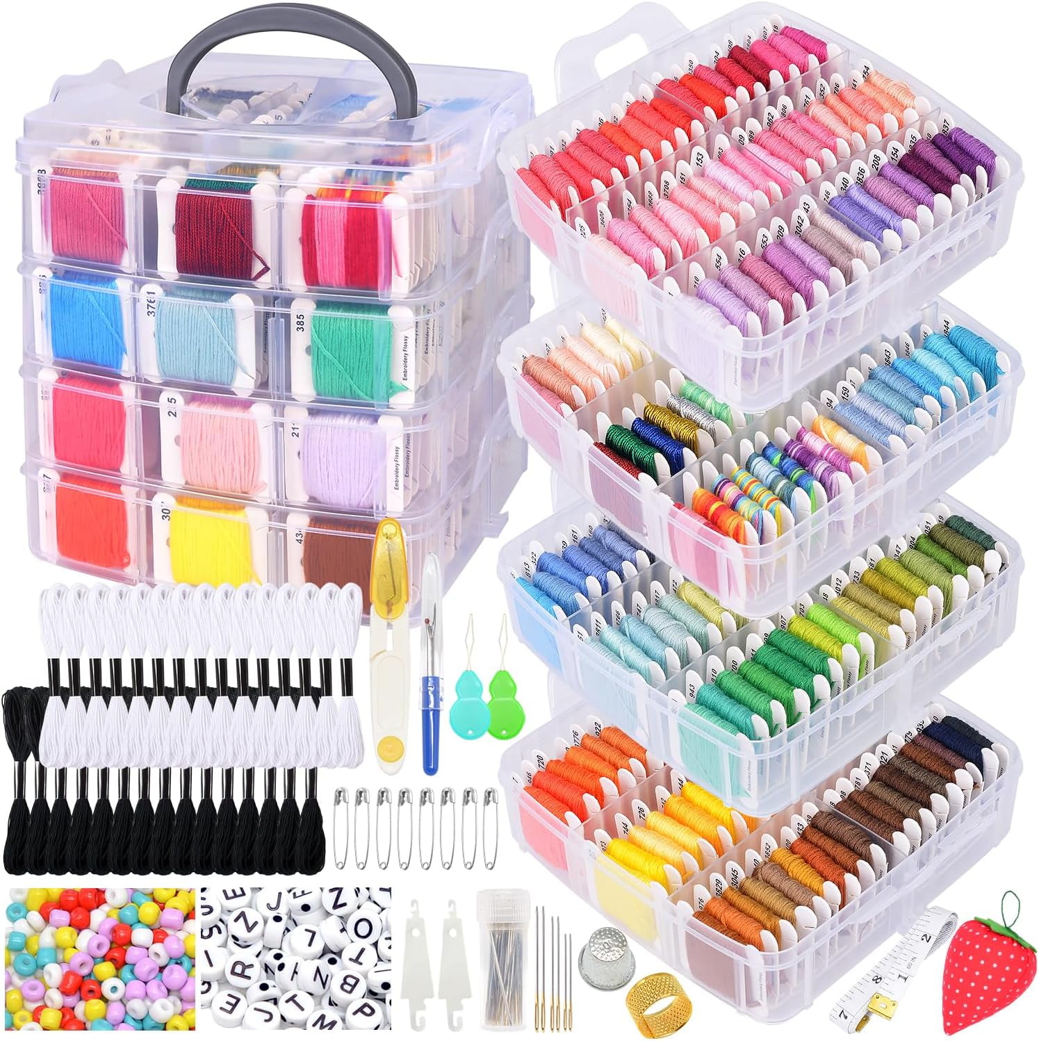 Embroidery Floss Thread Kit Including Colors and Skeins White & Black Embroidery Thread Cross Stitch Sewing Thread with Cross Stitch Tool and Transparent Box