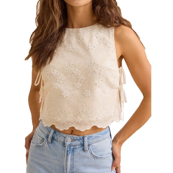 Embroidery Flower Tank Tops for Women Y2K Sleeveless Crew Neck Tie Up Side Cropped Vest Summer Chic Going Out Blouse