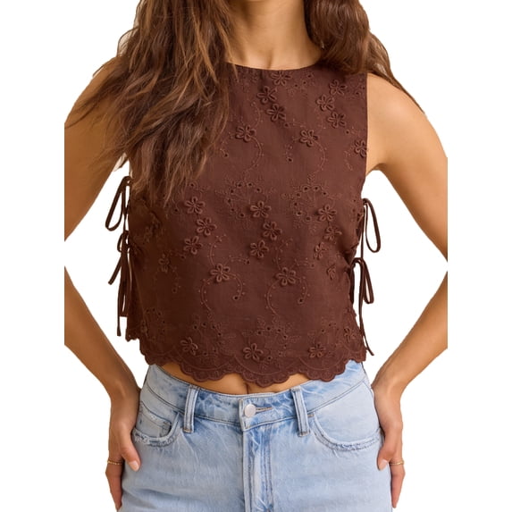 Embroidery Flower Tank Tops for Women Y2K Sleeveless Crew Neck Tie Up Side Cropped Vest Summer Chic Going Out Blouse