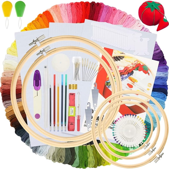 Embroidery Kit 215 PCS With 100 Colors Threads, 5 Hoops, 3 Aida Cloth, 40 Sewing Pins, Cross Stitch Tools and Starter Kit for Adults and Kids Beginners