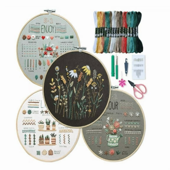 Embroidery Kit for Adult Beginners, 4-Pack 33-Stitch Practice Samplers, Pre-Stamped Patterns, 7.8-Inch Hoop, Threads & Needles,DIY Needlework Craft Gift for Women