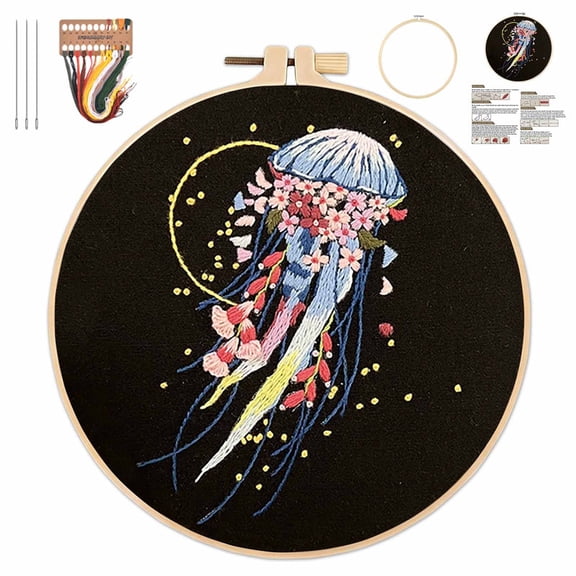 Embroidery Kit for Adults, Jellyfish Embroidery Kit for Beginners Include Embroidery Cloth Hoops Threads for Craft Lover Hand Stitch with Embroidery Skill Techniques(D)