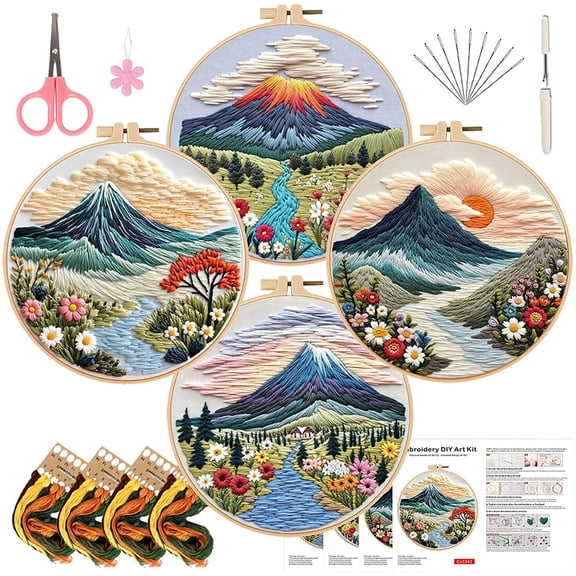 Landscape Embroidery Kit for Beginner Adults (Landscape-4PCS) | Pre-Printed Patterns Includes Hoop, Needles, Floss,Guide – DIY Hand Embroidery Craft, Home Decor, Gift