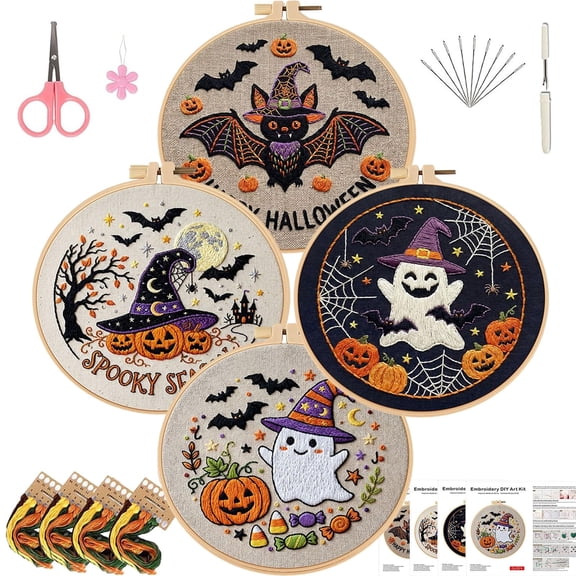 Halloween Bat Embroidery Kit for Beginner Adults (Bat-4B) | Pre-Printed Patterns Includes Hoop, Needles, Floss,Guide – DIY Hand Embroidery Craft, Home Decor, Gift