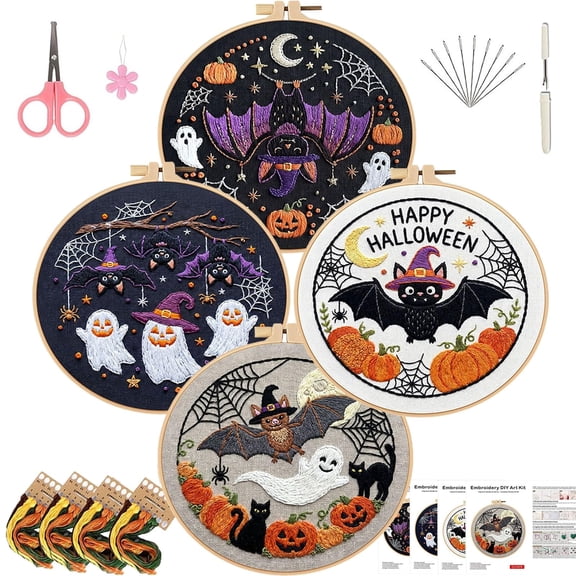Halloween Bat Embroidery Kit for Beginner Adults (Bat-4A) | Pre-Printed Patterns Includes Hoop, Needles, Floss,Guide – DIY Hand Embroidery Craft, Home Decor, Gift