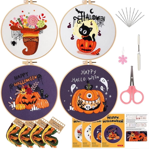 Halloween Embroidery Kit for Beginner Adults (4PCS-C) | Pre-Printed Patterns Includes Hoop, Needles, Floss,Guide – DIY Hand Embroidery Craft, Home Decor, Gift