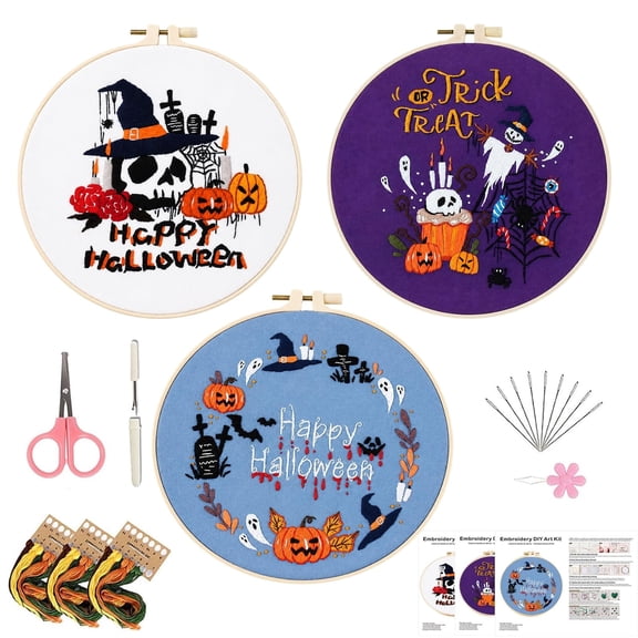 Beginner Embroidery Kit for Adults (Halloween 3C) | Pre-Printed Patterns Includes Hoop, Needles, Floss,Guide – DIY Hand Embroidery Craft, Home Decor, Gift