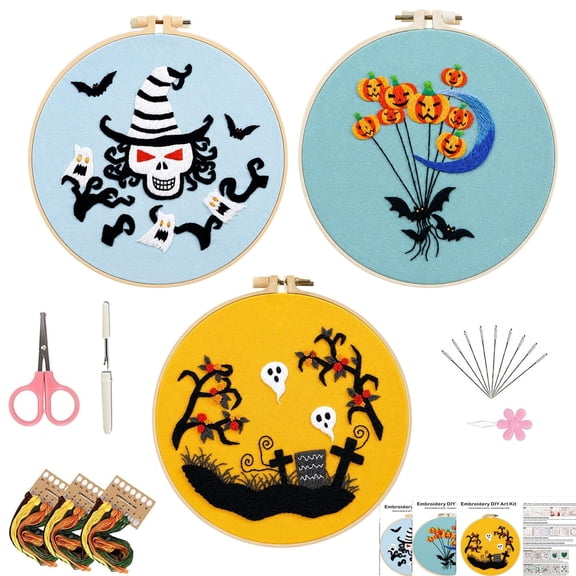 Halloween Embroidery Kit for Beginner Adults (Halloween-3PCS) | Pre-Printed Patterns Includes Hoop, Needles, Floss,Guide – DIY Hand Embroidery Craft, Home Decor, Gift