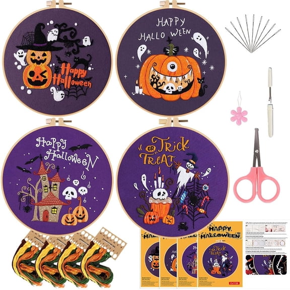 Halloween Embroidery Kit for Beginner Adults (4PCS-A) | Pre-Printed Patterns Includes Hoop, Needles, Floss,Guide – DIY Hand Embroidery Craft, Home Decor, Gift