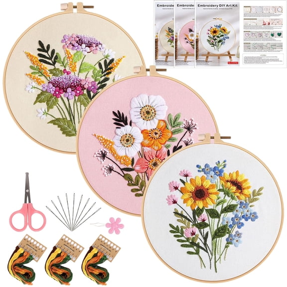 Flower Embroidery Kit for Beginner Adults (Flower-3A) | Pre-Printed Patterns Includes Hoop, Needles, Floss,Guide – DIY Hand Embroidery Craft, Home Decor, Gift