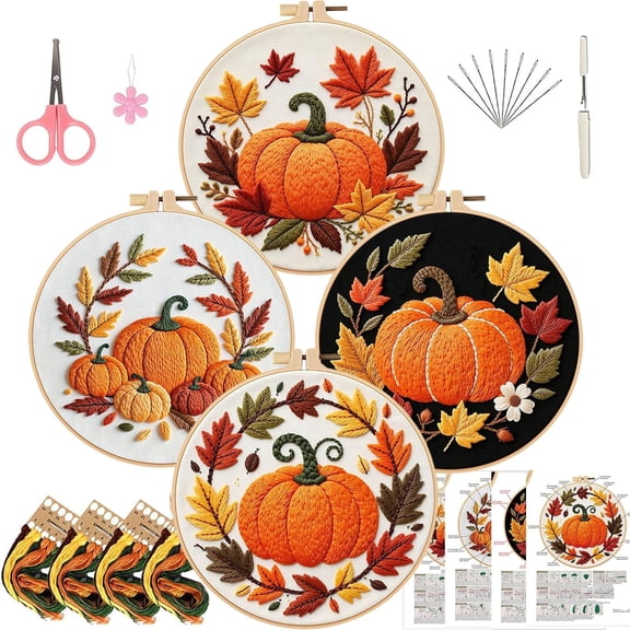 Pumpkin Embroidery Kit for Beginners Adults (Pumpkin-4PCS) Pre-Printed Patterns Includes Hoop, Needles, Floss,Guide, DIY Hand Embroidery Craft, Home Decor, Gift
