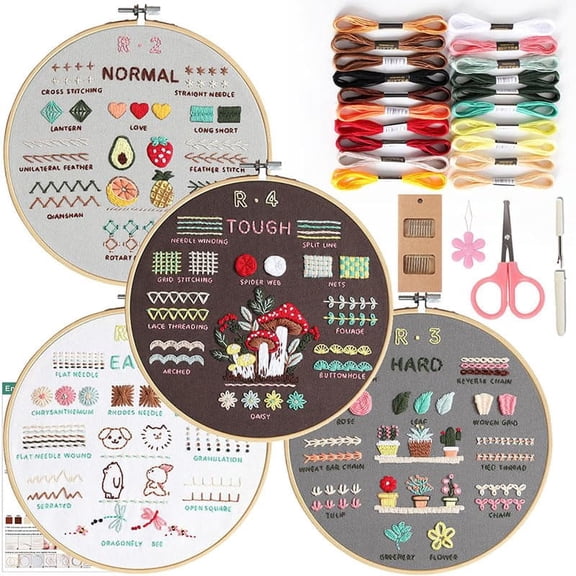 Beginner Embroidery Kit for Adults,4 PCS | Pre-Printed Patterns Includes Hoop, Needles, Floss,Guide – DIY Hand Embroidery Craft, Home Decor, Gift for Craft Lovers