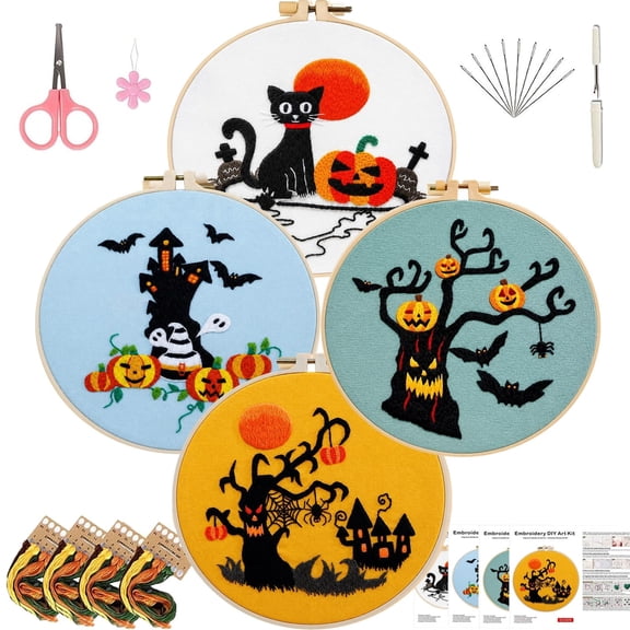 Halloween Embroidery Kit for Beginner Adults (HalloweenB-4PCS) | Pre-Printed Patterns Includes Hoop, Needles, Floss,Guide, DIY Hand Embroidery Craft, Home Decor, Gift
