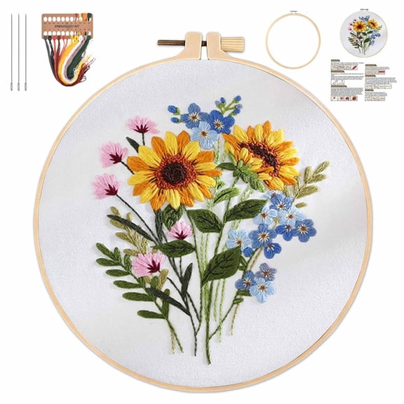 Embroidery Kit for Beginners & Adults, Cross Stitch Kit with Floral Patterns – Complete Starter Set with Hoop, Pre-Printed Fabric, Threads & Needles for DIY Crafting (C)